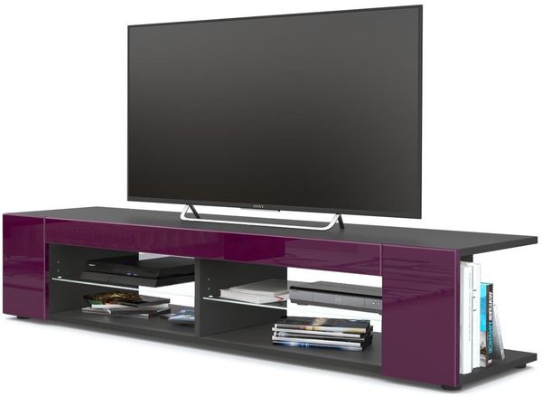 Vladon Lowboard Movie, TV-Kommode mit 4 offenen Fächern und Zierleisten, Schwarz matt/Brombeer Hochglanz (134 x 29 x 39 cm)