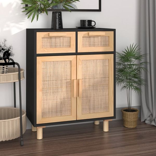 vidaXL Sideboard Schwarz 60x30x75cm Massivholz Kiefer und Natur-Rattan 345637