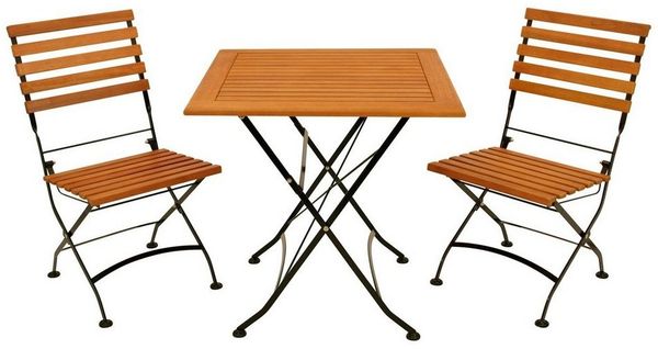 DEGAMO Garten-Essgruppe HOFGARTEN, (3-tlg), 2x Stuhl, 1x Tisch eckig 75x75 cm, Stahl schwarz, Eukalyptus