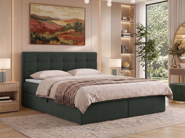 Boxspringbett SOLVEN mit Matratze H3 und Topper Visco, zwei Bettkästen, Doppelbett mit Stauraum, Bonell-Federkern, gepolsterte Kopfstütze - 160x200 cm - Dunkelgrau Jersey