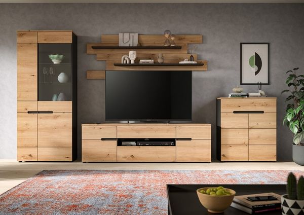 Home affaire Wohnwand REHAT, 4-teilig, Breite 375 cm, individuell stellbar, (4-St, Set bestehend aus: Vitrine, Lowboard, Wandboard und Kommode), Kombination, Anbauwand, Set, Wohn-Set, Wohnzimmer-Set, Schrankwand