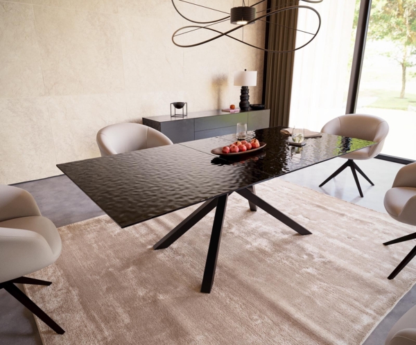 Esstisch Edge 180-220x100 Reliefglas Rauchschwarz 3D-Design Kreuzgestell Rechteck Schwarz ausziehbar