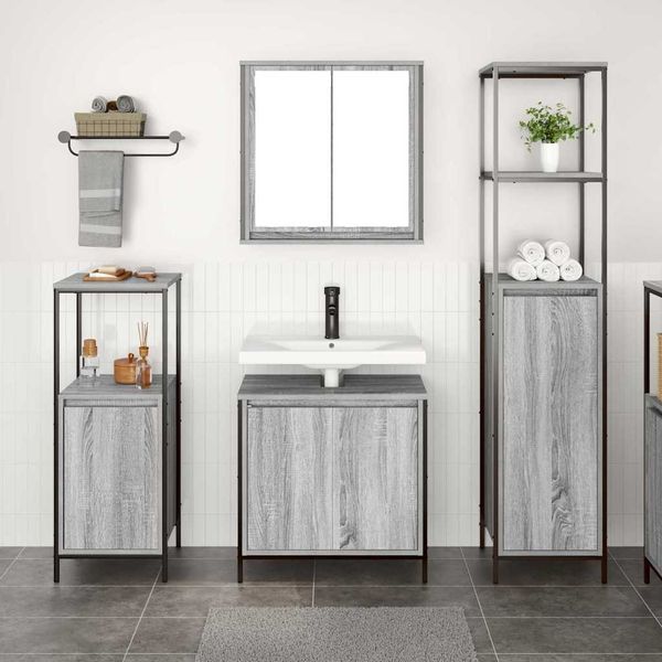 vidaXL Badezimmermöbel-Set 3 pcs Grau Sonoma und Schwarz Holzwerkstoff 3328397