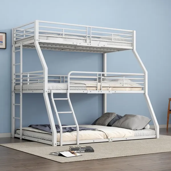 Etagenbett mit 3 Liegeflächen, Lattenrost und Rausfallschutz, 90/120/140 cm, Metallbett, Kinderbett