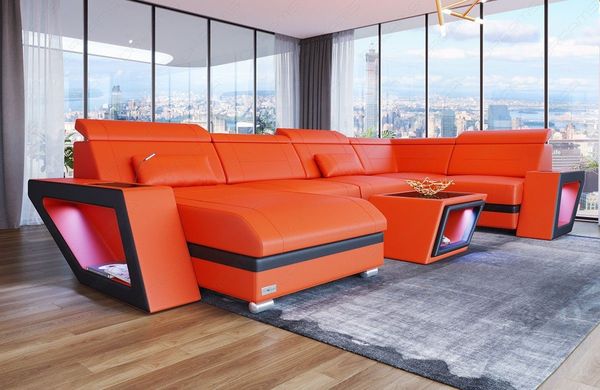 Sofa Dreams Wohnlandschaft Ledersofa Catania U Form Couch Leder Sofa, mit LED, wahlweise mit Bettfunktion als Schlafsofa, Designersofa