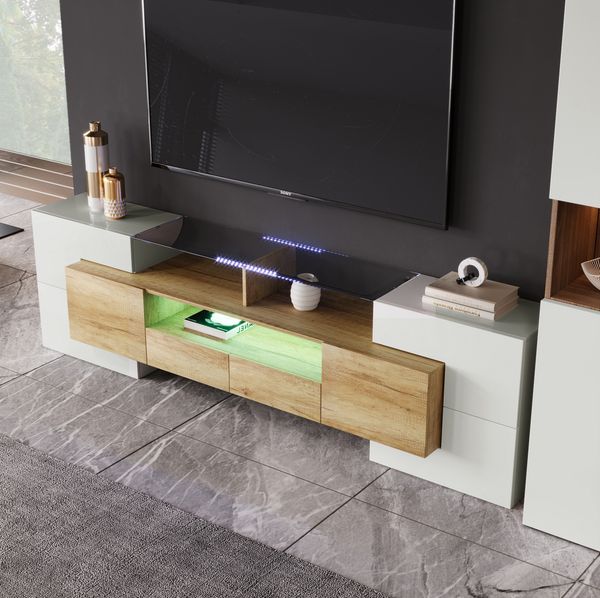 Stilvoller TV-Schrank 200 cm in Hochglanzweiß mit LED-Beleuchtung und großzügigem Stauraum, 200x35x60cm, Hochglanzweiß+Holzfarbe