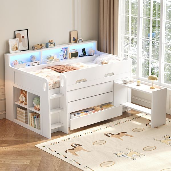 Merax Kinderbett, Niedriges Hochbett (90 x 200 cm) mit drei Schubladen, einem beweglichen integrierten Schreibtisch, mehreren Staufächern, LED-Lichtleiste und USB-Anschlüssen, Weiß