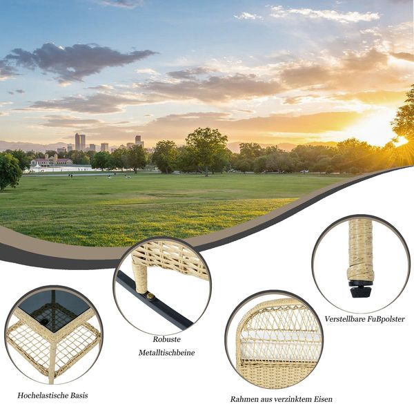 Balkonset mit 1 quadratischem Glastisch und 2 Schaukelstühlen, 3-tlg, Loungeset, Gartenmöbel, Metallrahmen, Polyrattan Bild 4