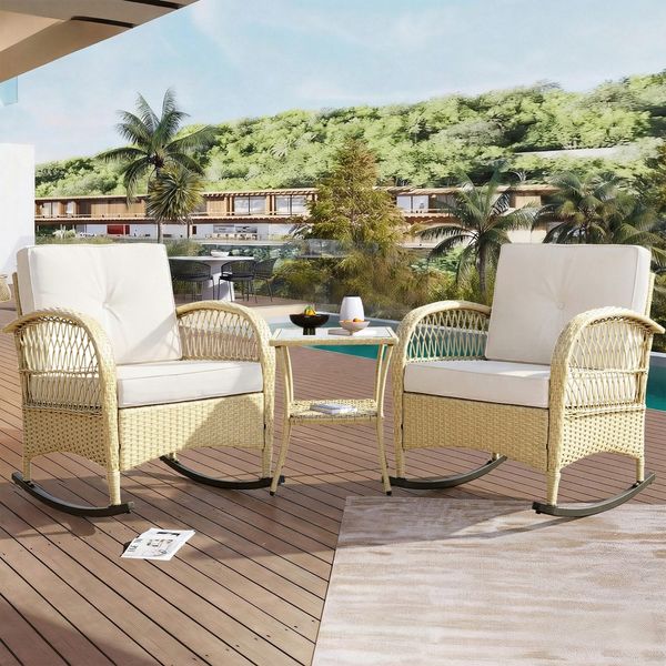 Balkonset mit 1 quadratischem Glastisch und 2 Schaukelstühlen, 3-tlg, Loungeset, Gartenmöbel, Metallrahmen, Polyrattan