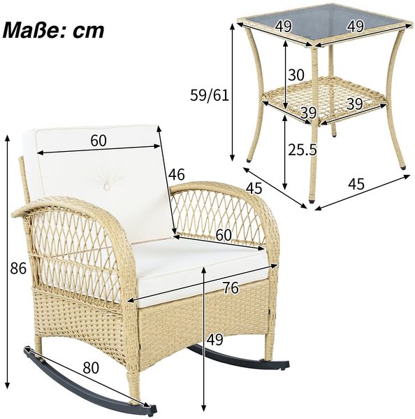 Balkonset mit 1 quadratischem Glastisch und 2 Schaukelstühlen, 3-tlg, Loungeset, Gartenmöbel, Metallrahmen, Polyrattan Bild 6