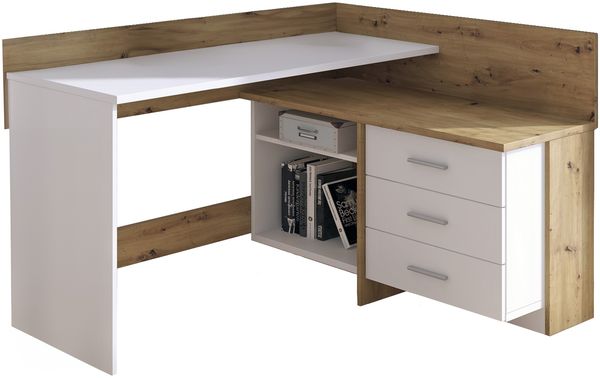 Dmora Schreibtisch Elsa, Mehrzweckschreibtisch, Bürotisch für PC, Eckschreibtisch, 130x112h82 cm, Weiß und Knoteneiche