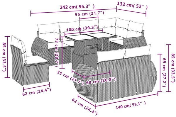 vidaXL 9-tlg. Garten-Sofagarnitur mit Kissen Grau Poly Rattan 3268670 Bild 9