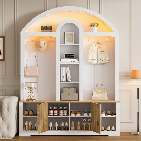 Merax Garderoben-Set Garderobenschrank mit LED-Beleuchtung und geschwungenem Design, (Flur- & Kleiderschrank im skandinavischen Weiß/Schwarz-Holz-Look, 1-St, 150 L x40 B x 195 H(cm), Möbelset mit Mittelablagen, Doppeltüren, Schuhregal & Metallhaken