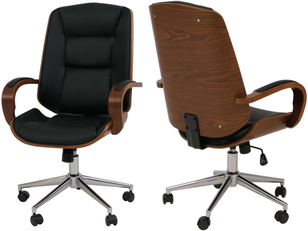 Bürostuhl HWC-O83, Drehstuhl Chefsessel, Kunstleder (280g/m²) Bugholz FSC®-zertifiziert Walnuss-Optik ~ schwarz