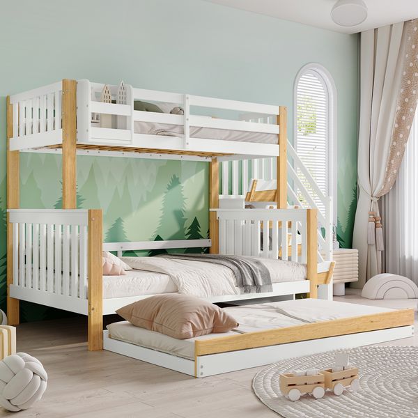Etagenbett mit Rollbett 90x200/120x200 cm, Stauraumtreppe, Seitengittern und Ablage, Weiß+Natur
