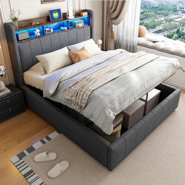 Graues Polsterbett 140x200 cm Mit LED Beleuchtung Und Hydraulischem Stauraum Doppelbett Mit USB Type C Anschlüssen 250 Kg Tragkraft
