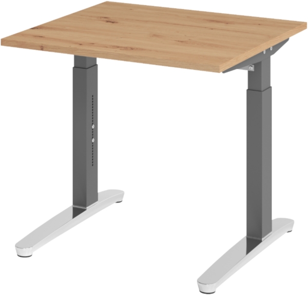 bümö manuell höhenverstellbarer Schreibtisch 80x80 in Asteiche, Gestell in graphit/alu - PC Tisch höhenverstellbar & klein, höhenverstellbarer Tisch Büro, kleiner Computertisch verstellbar, X08-R-GC