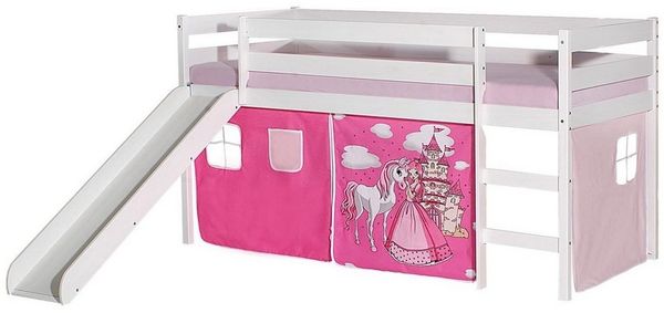 IDIMEX Hochbett BENNY Hochbett mit Rutsche weiß mit Vorhang PRINZESSIN in rosa/pink