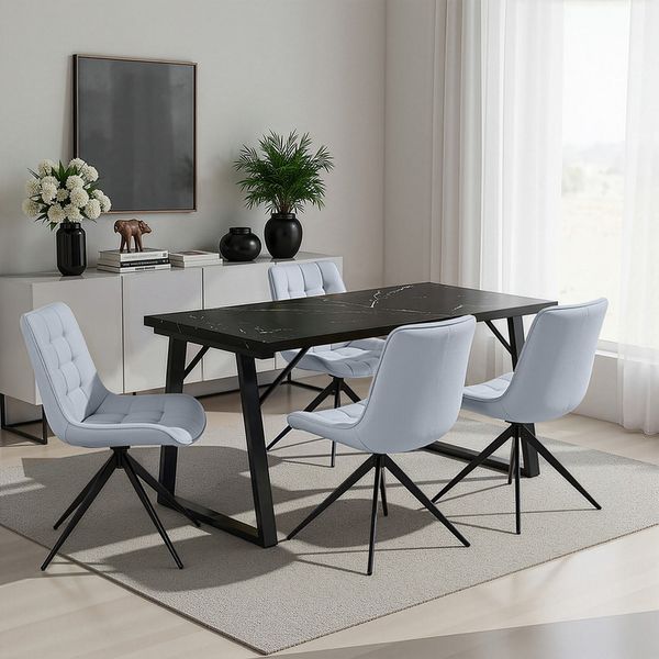 HOMAVO 5-Teiliges Esszimmerstühle, 140x75×80cm Metall& MDF Esstisch (Schwarz) mit 4 Stühlen (Hellblau Stoff)