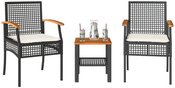 vidaXL 3-tlg. Bistro-Set mit Kissen Schwarz Poly Rattan Akazienholz 366259