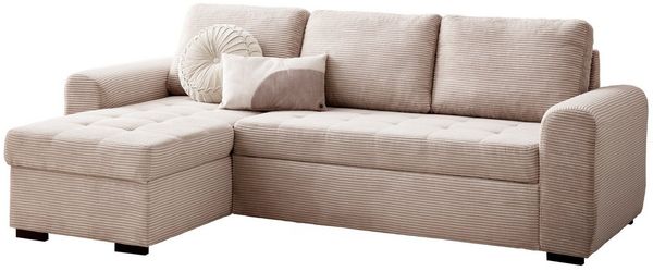 Massivart® Ecksofa POLL Cord beige / 243 cm, Cordsofa / Bettfunktion / Bettkasten / Nosagfederung