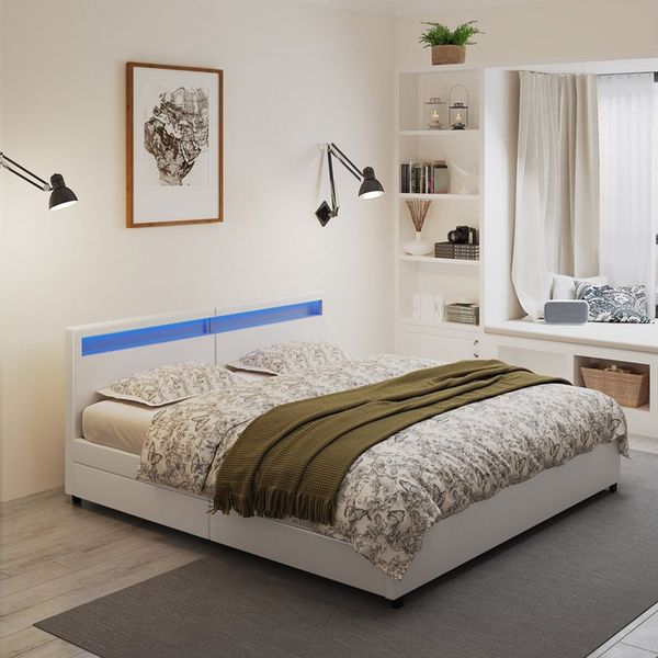 HOME DELUXE Kunstlederbett LED Bett mit Schubladen - 200 x 200 cm / 270 x 200 cm (inkl. Schubladen), gepolstertes Kopfteil, LED Beleuchtung, Familienbett, Stauraumbett