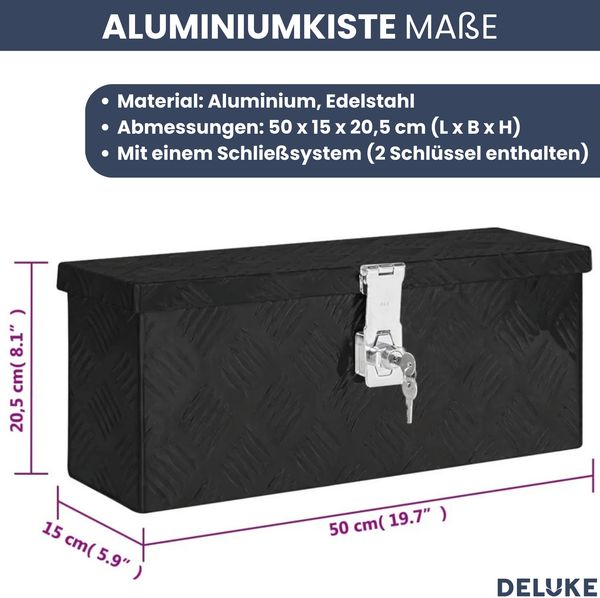 Aluminiumbox mit Deckel - Abschließbar | Alubox Deichselbox Alu Anhängerbox Werkzeugkiste Metall Transportbox Metallkiste, 50x15x20,5cm Schwarz Bild 3