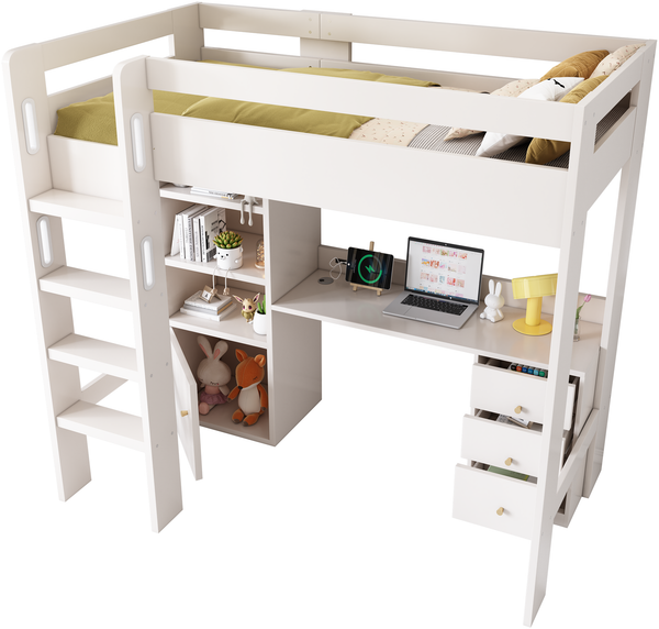 Kinder Hochbett 90x200cm mit USB-C Schreibtisch, Kleiderschrank, Aktenschrank & Treppe, Jugend Loftbett mit Lattenrost & großem Stauraum, Weiß, ohne Matratze