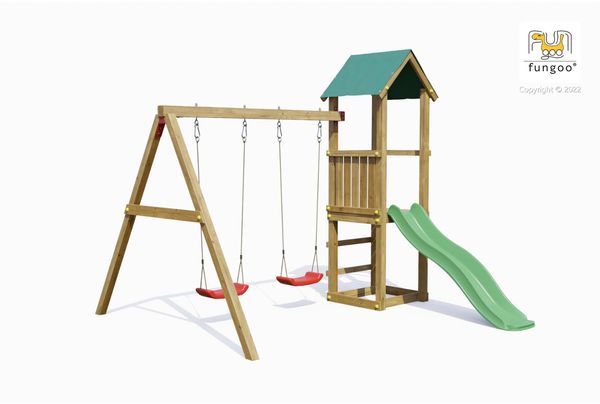 Fungoo Spielturm "Lucas", natur,mit Doppelschaukel, Rutsche und Holzdach