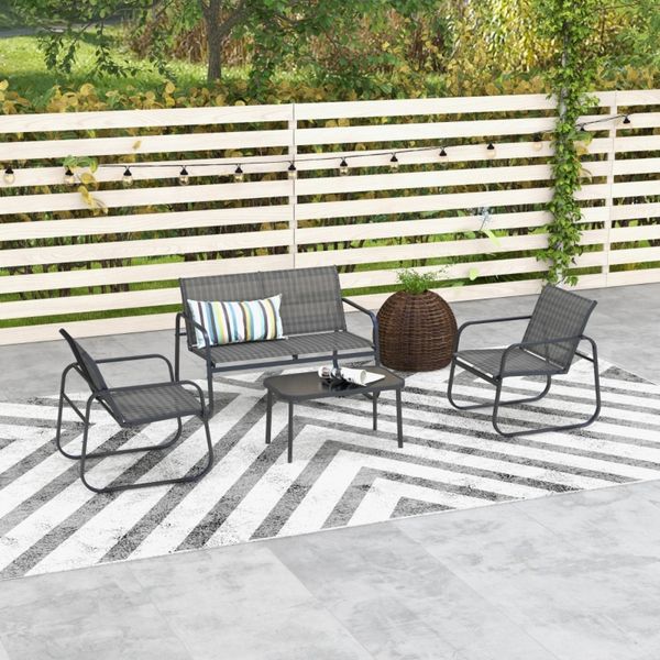 Flieks Gartenmöbel Set 4-tlg mit 1 Zweisitzer, 2 Stühlen & Couchtisch, Outdoor Balkonmöbel Set für 4 Personen, Mesh, Schwarz