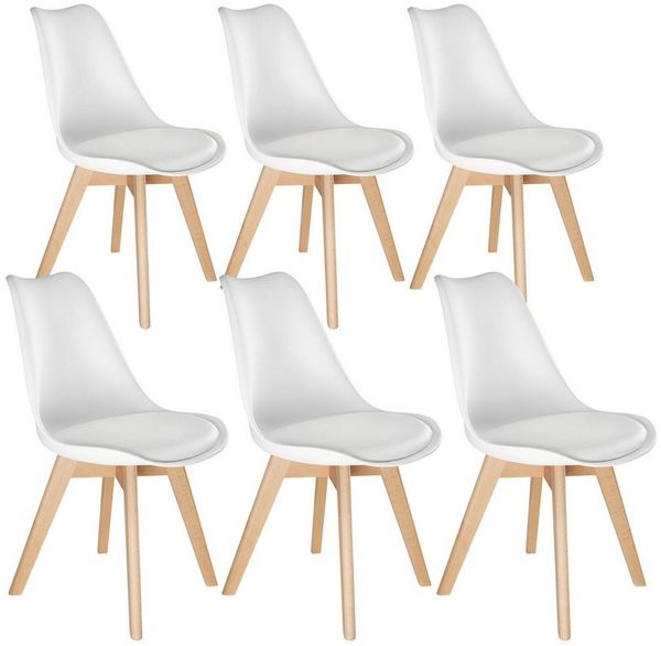 tectake Esszimmerstuhl Küchenstuhl Scandi-Design, gepolsterte Sitzfläche, 49 x 53 x 82 cm (Polsterstuhl Frederikke in weiß, 6 St), ergonomische Form, massive Holzbeine, bodenschonende Filzgleiter Bild 2