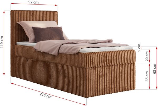 Boxspringbett TILIANO 90x200 Cord inkl. Bettkasten, Einzelbett 7-Zonen Multipocket-Matratze & Topper, Modernes Design mit hohem Kopfteil - Orange Cordstoff - H4 - Topper T25 Bild 4