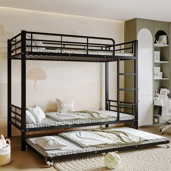 Etagenbett mit 2 Liegeflächen, Trittleiter, Ausziehbett und Rausfallschutz, 90x200 cm, Kinderbett, Metallbett