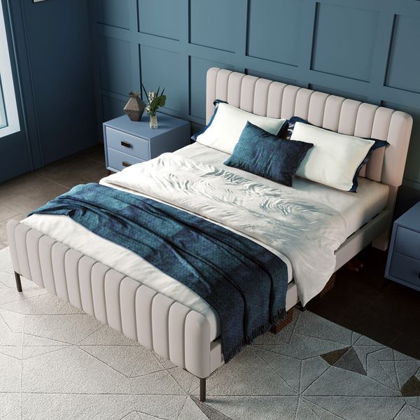 Polsterbett 180×200 cm aus Leinen-Stoff mit verstellbarem Kopfteil, beige