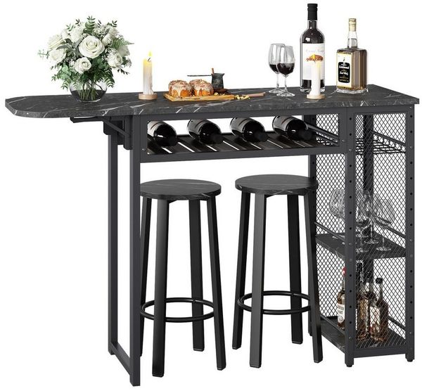 Bestier Bartisch Ausziehbarer Küchentisch mit 2 Hockern (Set, 1 Tisch und 2er-Set Hocker), Weinregal & 3 Ablagen für Küche, Esszimmer