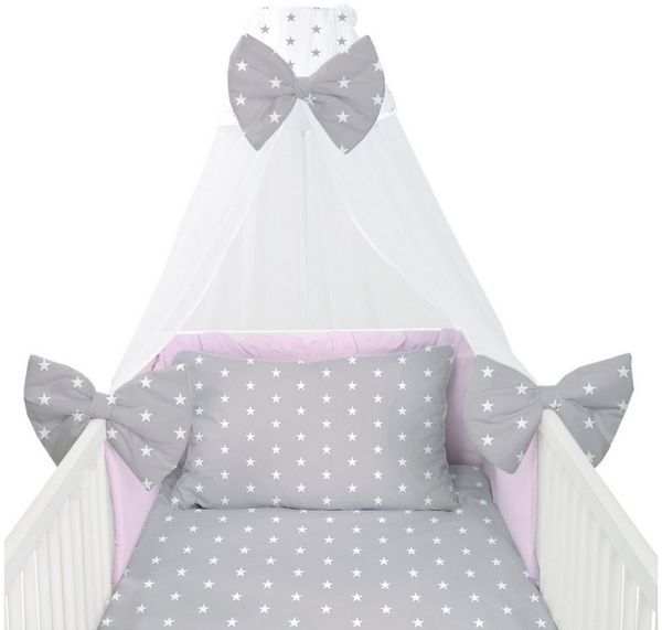 Amilian Babybettwäsche Set 7-teilig - Bettwäsche 100x135 - Kissenbezug 40x60 - mit Himmel, Chiffonhimmel, 7 teilig, Komplett-Set für Babybett, Gitterbett - Kinderbettwäsche