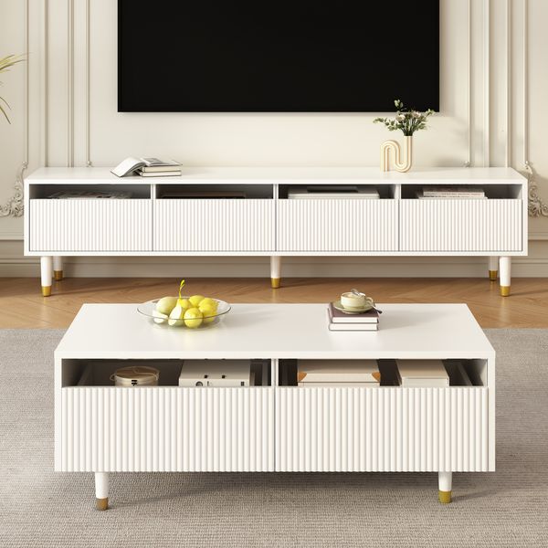 Couchtisch mit LED-Beleuchtung, gewellten Schubladen & Gold-Weiß Beinen - 110x50x40 cm