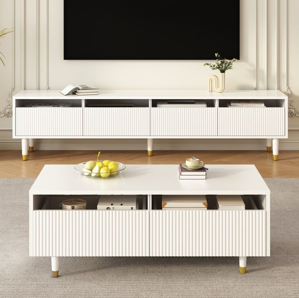 Couchtisch mit LED-Beleuchtung, gewellten Schubladen & Gold-Weiß Beinen - 110x50x40 cm