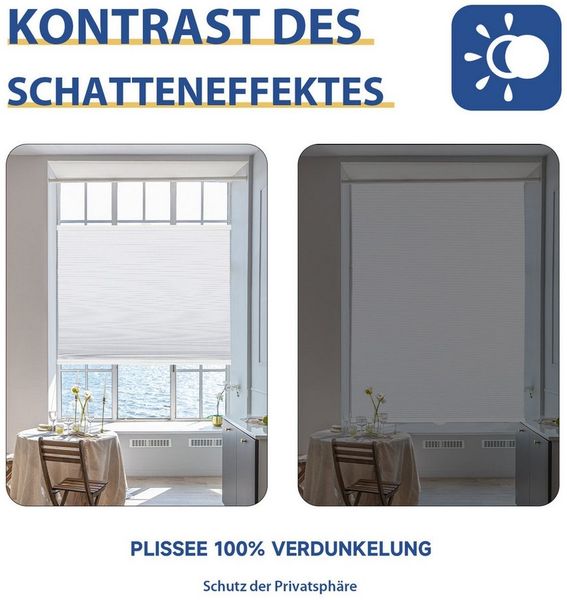 Sekey Wabenplissee Plissee ohne Bohren Verdunkelung Rollo 100% verdunkelnd Blickdicht, verdunkelnd, Klemmfix, Doppelseitige Schiene, beidseitig wählbar in Grau-Weiß, Hitzeschutz Bild 3