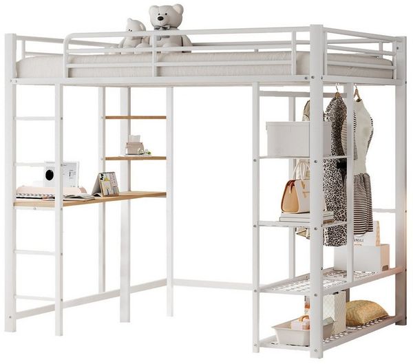 Flieks Hochbett Kinderbett Metallbett 140x200 cm mit Tisch und Stauraum