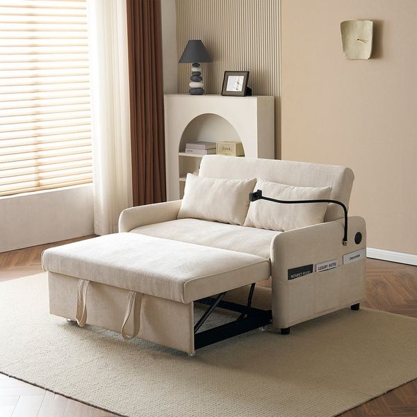 Sweiko Sofa Schlafsofa Doppel-Klappschlafsofa mit Handyhalter, USB-Ladeanschluss, verstellbare Rückenlehne für Wohnzimmer, Schlafzimmer, Heimkino-Wohnung
