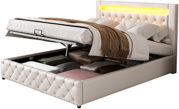 MODFU Polsterbett Bett mit Stauraum gepolstertem Kopfteil (140 x 200 cm mit Matratze, 2-tlg, Leder Bezug aus Hautfreundlicher Kunstleder), Funktionsbett mit Lattenrost und Stauraum,Mit LED-Beleuchtung