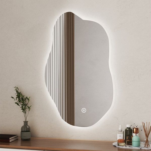 WDWRITTI Schminkspiegel Wand Kosmetikspiegel Wandspiegel Asymmetrisch Rahmenlos Wolke (Dekospiegel Flurspiegel Modern Rahmenlos, 62x90, 52x85cm), HD Spiegel mit Splitterschutzfolie