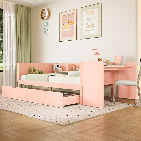 Holzbett 90x200cm Multifunktionales,mit Schreibtisch, 2 Schubladen und Regal,Stauraumbett mit Bücherregal, Jugendbett,Rosa
