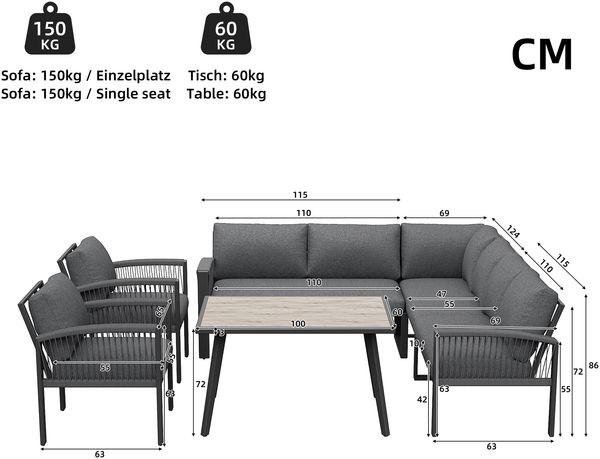 Merax Garten-Lounge-Set für 8 Personen, Seilwerk, großer Tisch mit Holzmaserung, mit verzinktem Eisengestell, verstellbare Beine, alle Sitz- und Rückenkissen inklusive, grau Bild 4