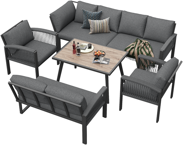 Merax Garten-Lounge-Set für 8 Personen, Seilwerk, großer Tisch mit Holzmaserung, mit verzinktem Eisengestell, verstellbare Beine, alle Sitz- und Rückenkissen inklusive, grau Bild 10