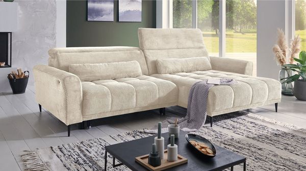 Massivart® Ecksofa Cord 277 cm / Cordsofa LOGAN / Sitztiefenverstellung / Nosagfederung, Kopfteilverstellung · Rücken echt bezogen · 2 Nierenkissen