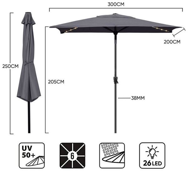 Sekey Sonnenschirm mit LED-Beleuchtung, Kurbel & UV50+, knickbar, Aluminium grau, 200 x 300 cm