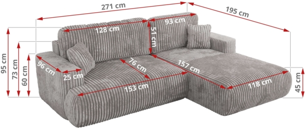 Ecksofa OVO mit schlaffunktion und bettkasten, Wellenfeder, lose Kissen, L-form 271x195 cm - Hellgrau Cord - linke Seite Bild 6