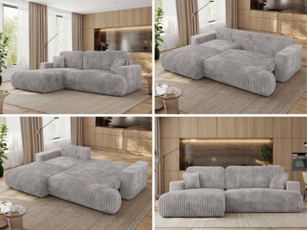 Ecksofa OVO mit schlaffunktion und bettkasten, Wellenfeder, lose Kissen, L-form 271x195 cm - Hellgrau Cord - linke Seite Bild 2